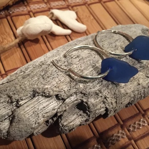 Cobalt Blue Sea Glass Hoop Earrings - Picture 5 of 5